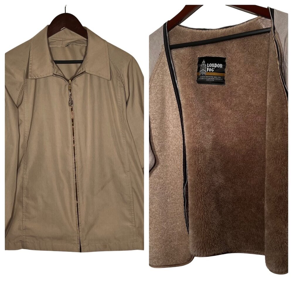 VTG London Fog Men Tan Beige Zip-Up Jacket 40 Reg Removeable Lining Made In USA